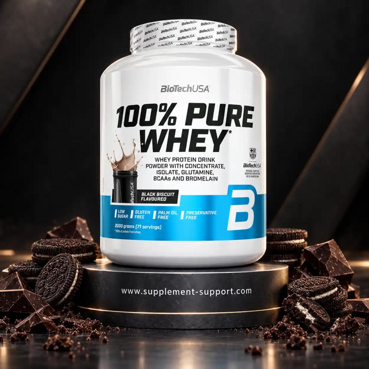 BioTech USA 100% Pure Whey Protein Pulver, Geschmack Black Biscuit, 2000g Dose mit Schokoladenkeksen