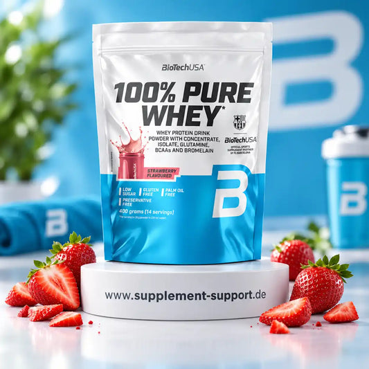 BioTech USA 100% Pure Whey Protein Pulver Erdbeergeschmack 400g mit frischen Erdbeeren