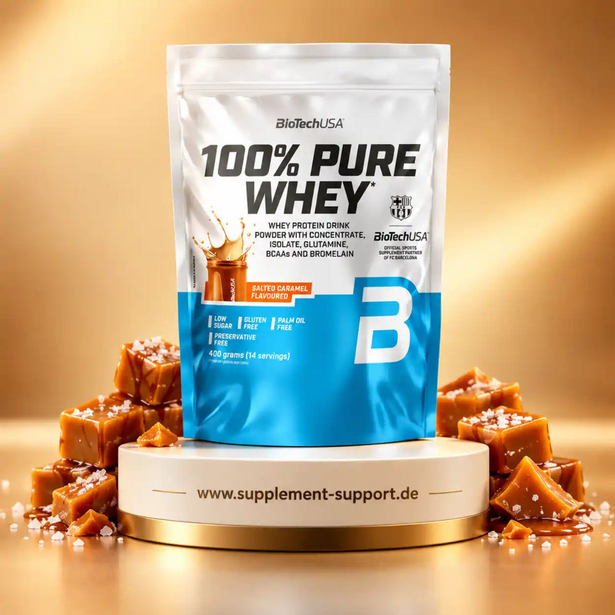 BioTech USA 100% Pure Whey Protein Pulver in Salted Caramel Geschmack mit Karamellstücken
