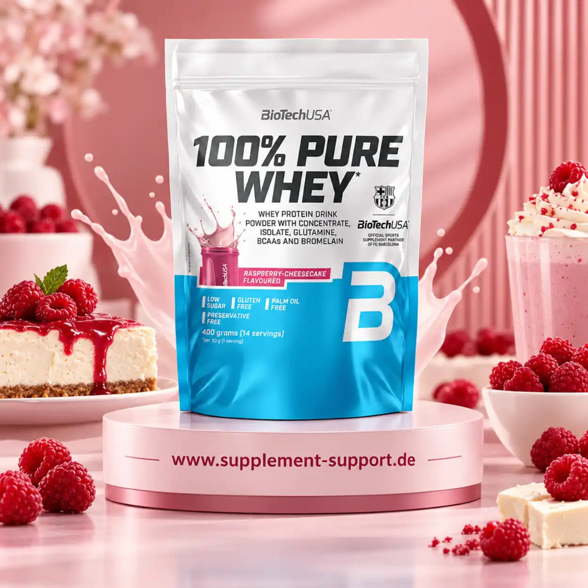 BioTech USA 100% Pure Whey Proteinpulver in Himbeer-Käsekuchen Geschmack mit frischen Himbeeren