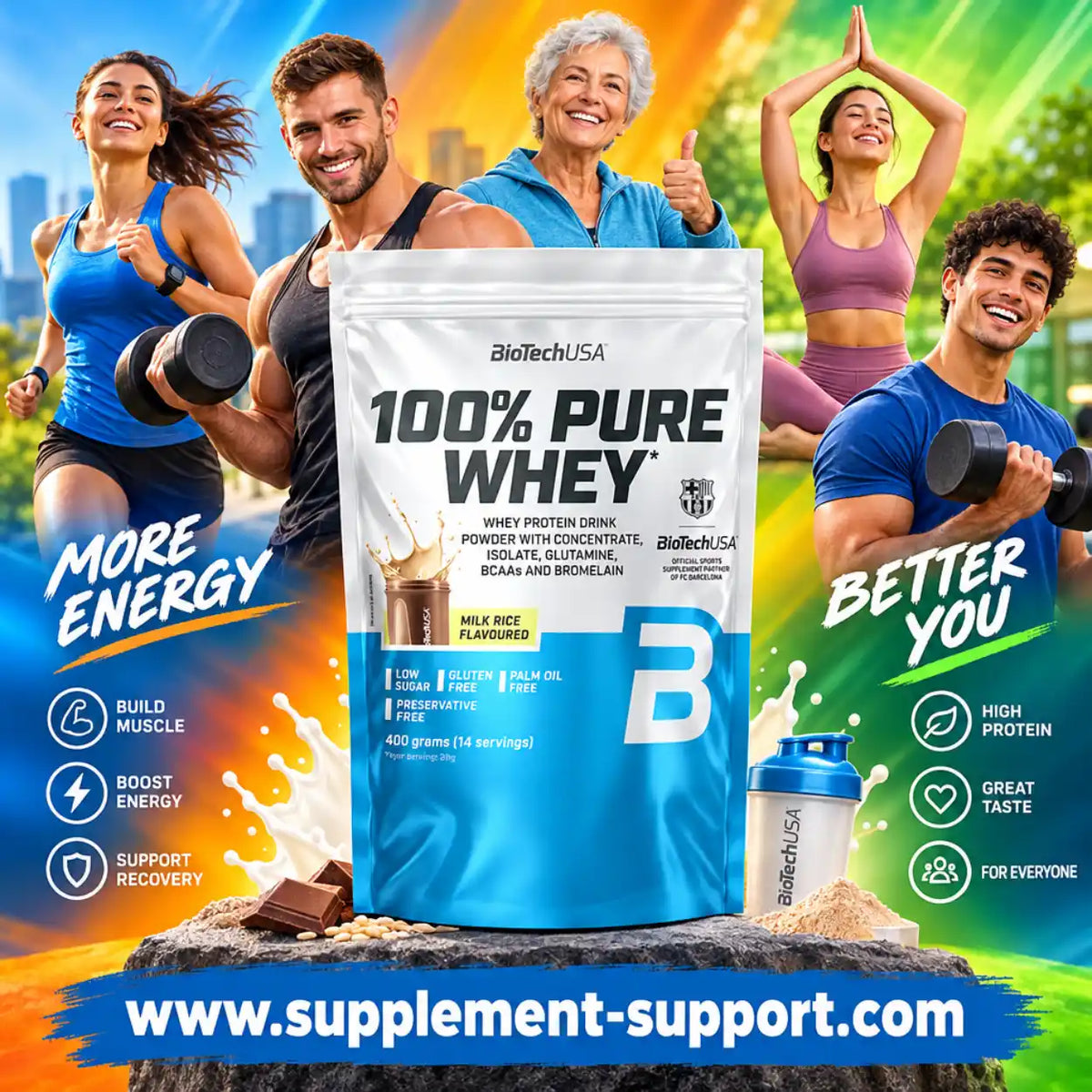 BioTech USA 100% Pure Whey Protein Pulver 400g mit sportlichen Menschen im Hintergrund.