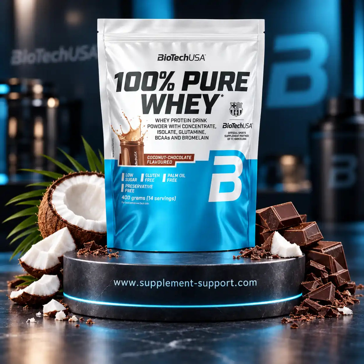 BioTech USA 100% Pure Whey Protein Pulver Kokos-Schokolade 400g mit Kokosnuss und Schokolade