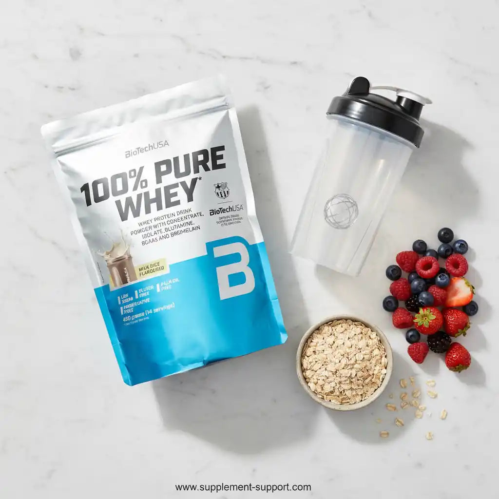 BioTechUSA 100% Pure Whey Protein mit Beeren, Haferflocken und Shaker für Sportler und Fitness