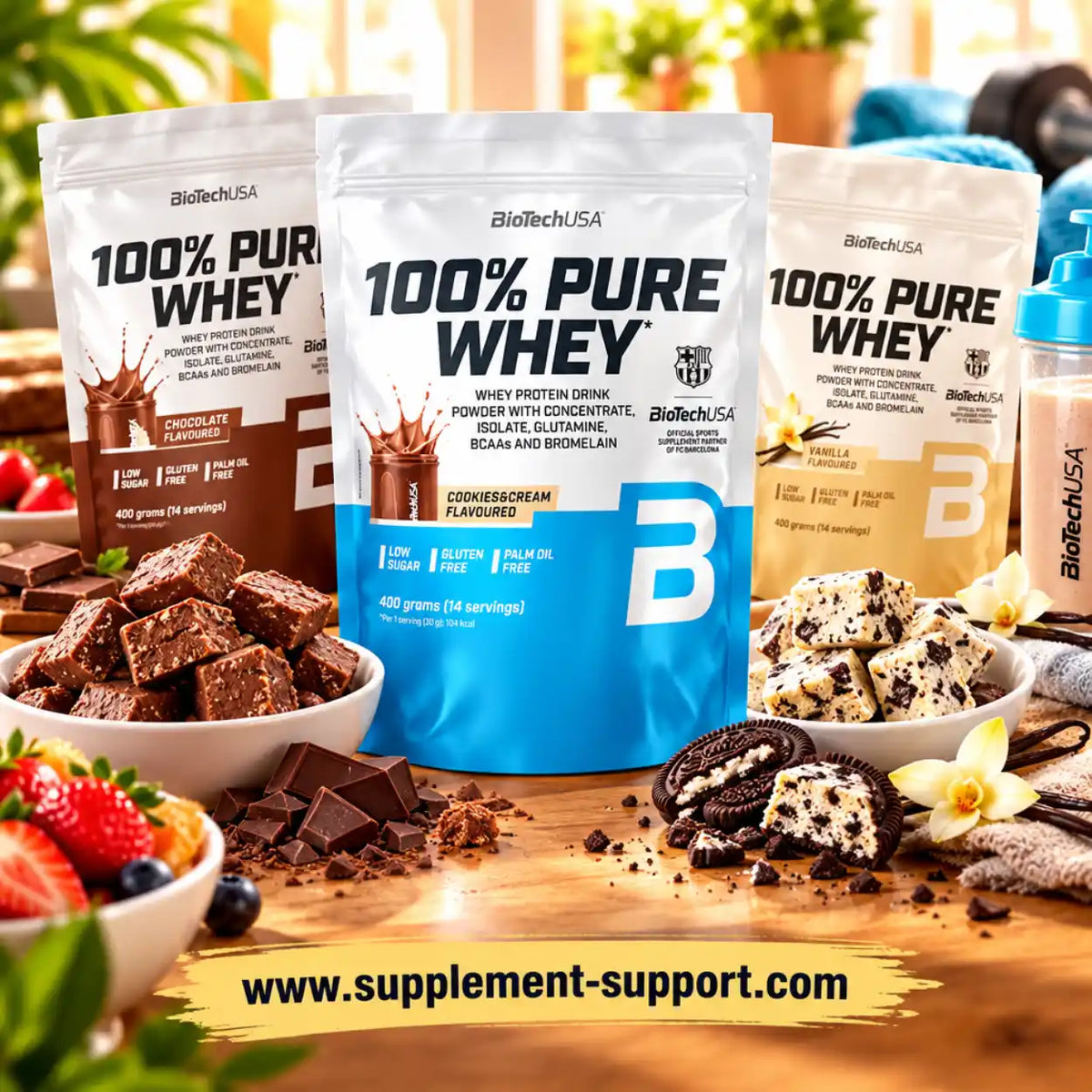 BioTech USA 100% Pure Whey Protein in Schokolade, Cookies & Cream und Vanille mit Snacks.