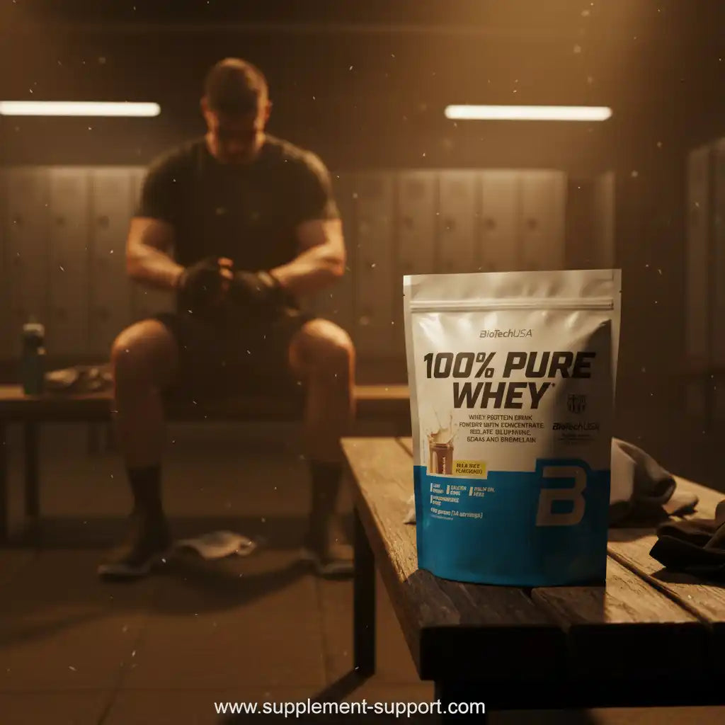 BioTechUSA 100% Pure Whey Protein im Fitnessstudio, ideal für Sportler und Muskelaufbau