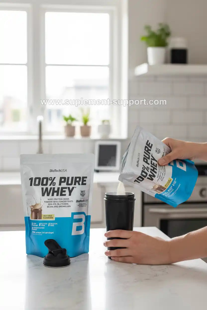 100% Pure Whey Protein von BioTechUSA in die Shaker-Flasche gießen – ideal für Fitness und Sportler