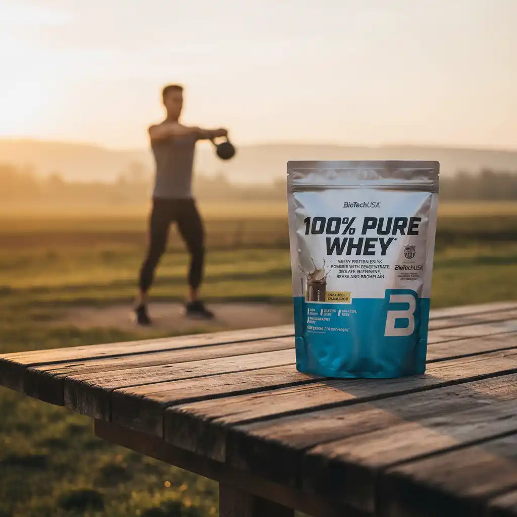 100% Pure Whey Protein von BioTechUSA auf Holztisch mit Sportler im Hintergrund