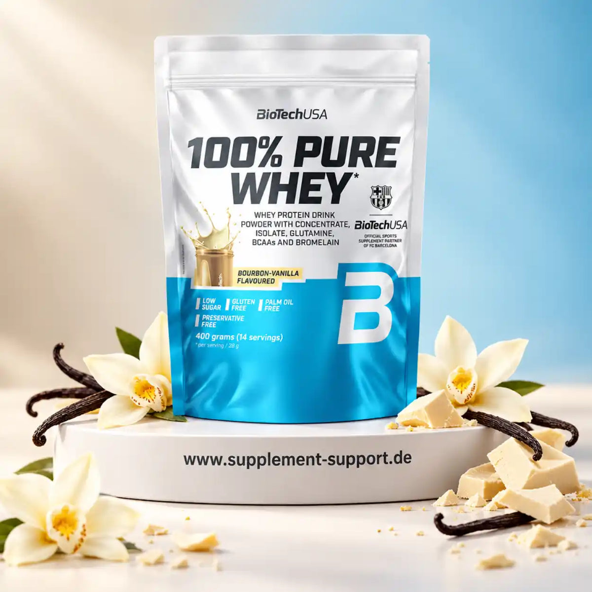 BioTech USA 100% Pure Whey Protein Pulver in Bourbon-Vanilla Geschmack, 400g Packung.