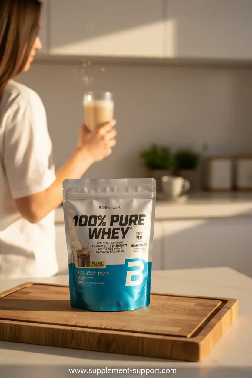 100% Pure Whey Protein von BioTechUSA auf Holzbrett, ideal für Fitness und Sportler