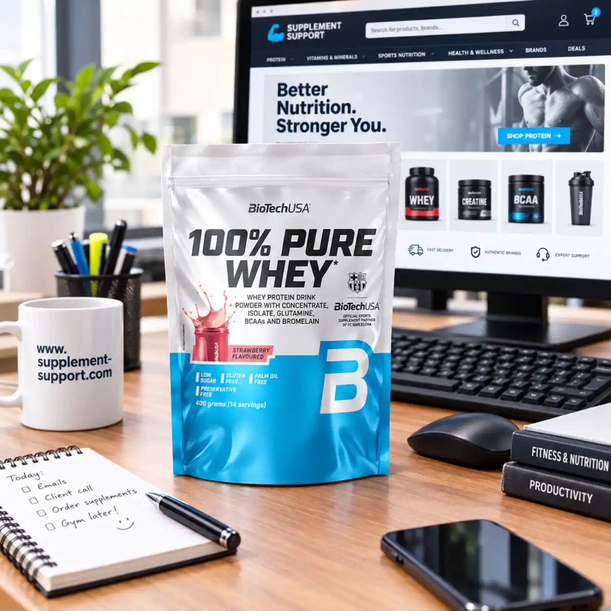 BioTech USA 100% Pure Whey Proteinpulver Erdbeere 400g auf einem Schreibtisch vor einem Monitor.