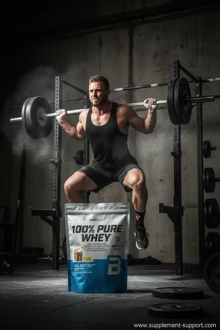 Muskulöser Mann beim Gewichtheben mit 100% Pure Whey Protein in Berlin