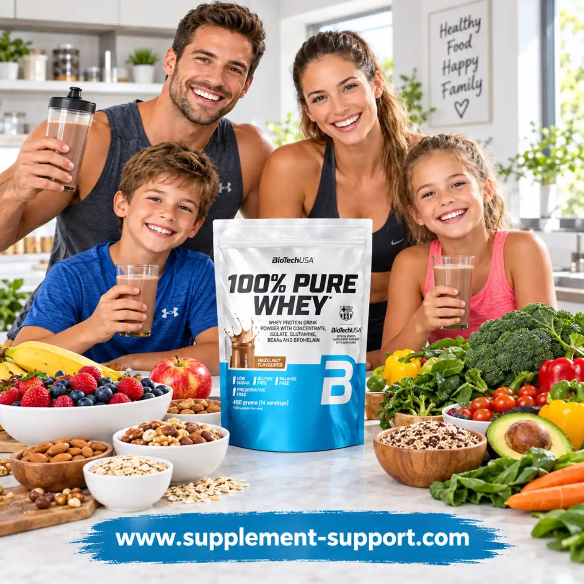 Glückliche Familie mit BioTech USA 100% Pure Whey Protein und gesunden Lebensmitteln.
