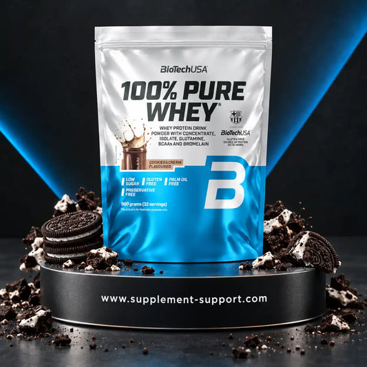 BioTech USA 100% Pure Whey Protein Pulver 900g Geschmack Cookies & Cream mit Keksen