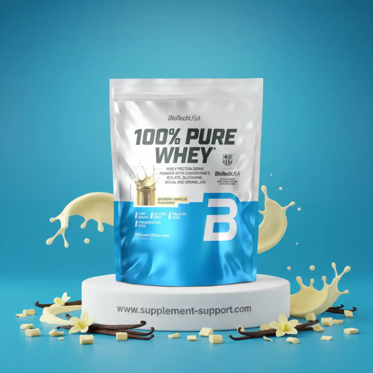 BioTechUSA 100% Pure Whey Protein Vanille, ideal für Fitness und Sport, glutenfrei und zuckerarm