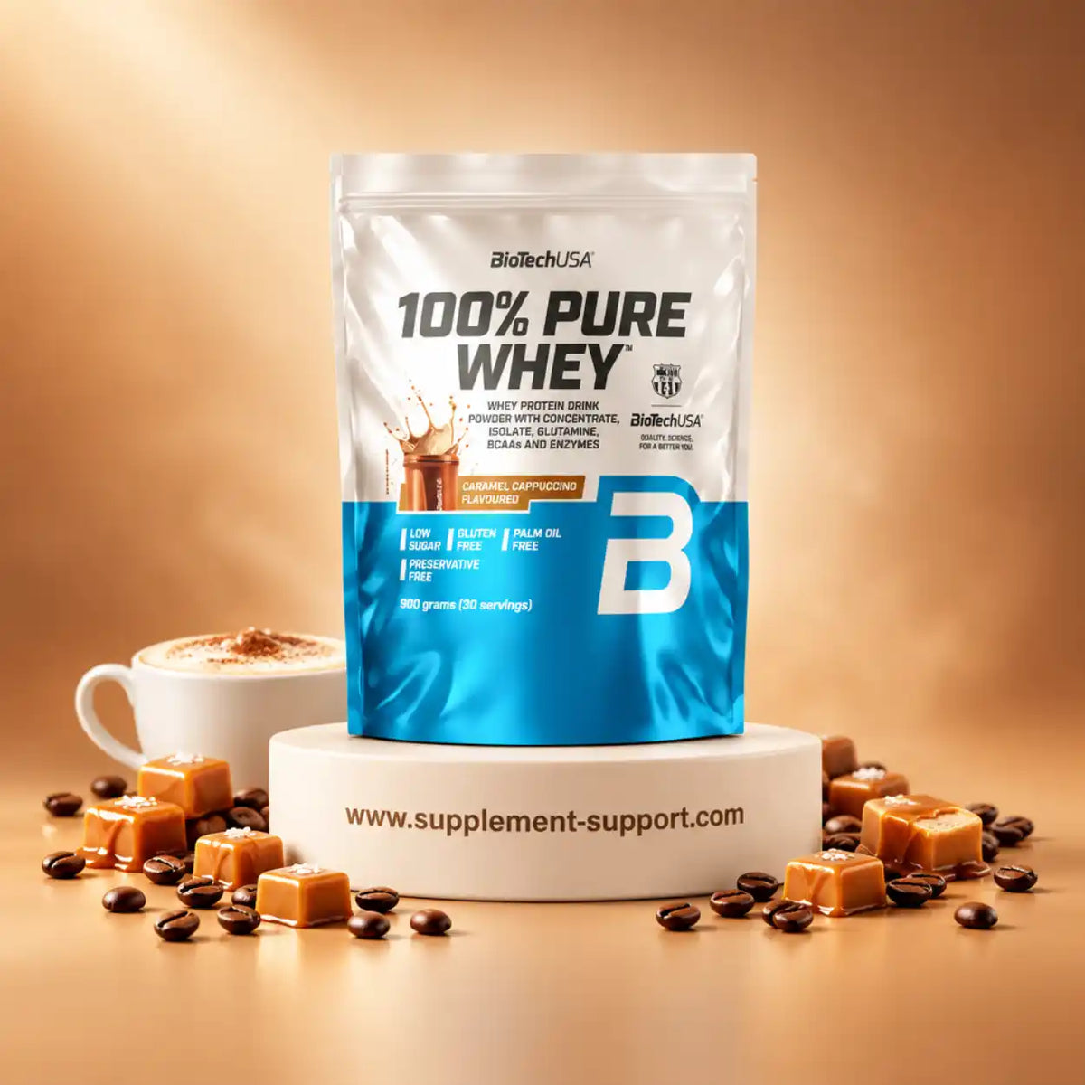 BioTech USA 100% Pure Whey Protein Pulver 900g Geschmack Caramel Cappuccino mit Karamell und Kaffee.