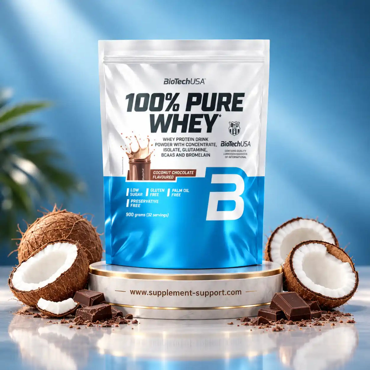 BioTech USA 100% Pure Whey Proteinpulver Kokos-Schokolade 900g mit Kokosnüssen und Schokolade