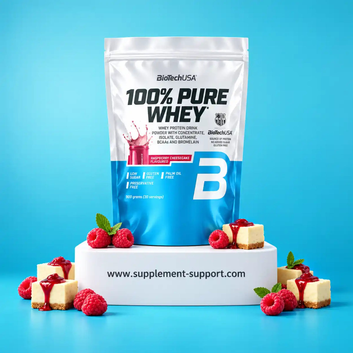 BioTech USA 100% Pure Whey Protein Pulver Geschmack Himbeer-Cheesecake mit Dessert und Beeren
