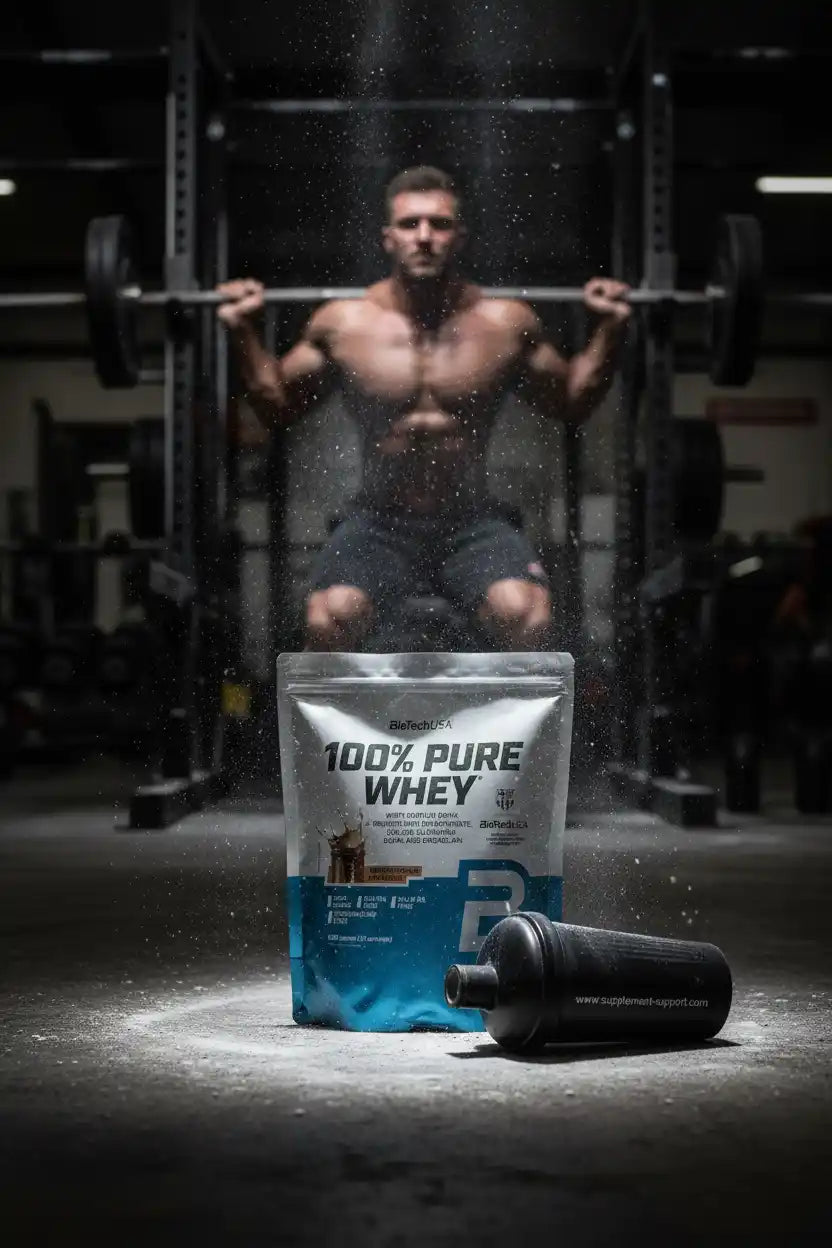 100% Pure Whey Protein Pulver vor Muskelmann im Fitnessstudio, ideal für Sportler & Fitness