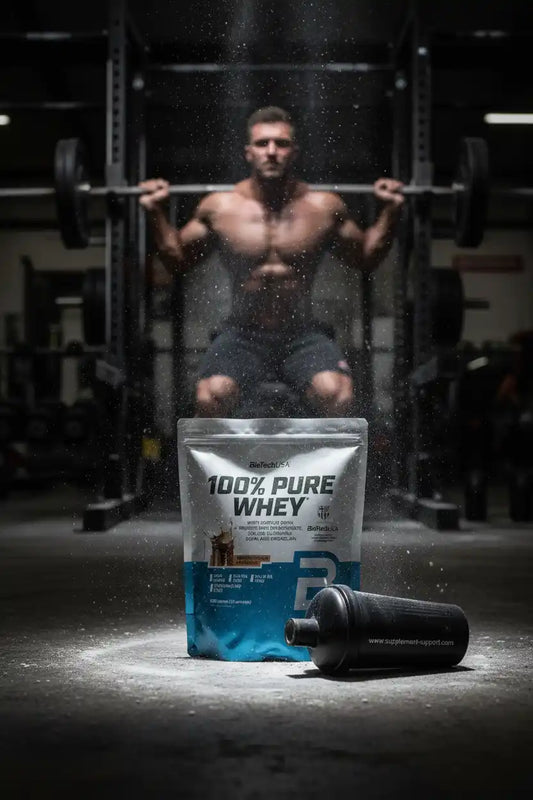 100% Pure Whey Protein Pulver vor Muskelmann im Fitnessstudio, ideal für Sportler & Fitness