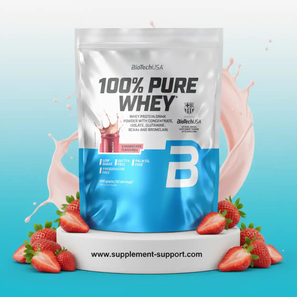 BioTechUSA 100% Pure Whey Protein Pulver, Erdbeer-Geschmack, glutenfrei, ideal für Sportler und Fitness