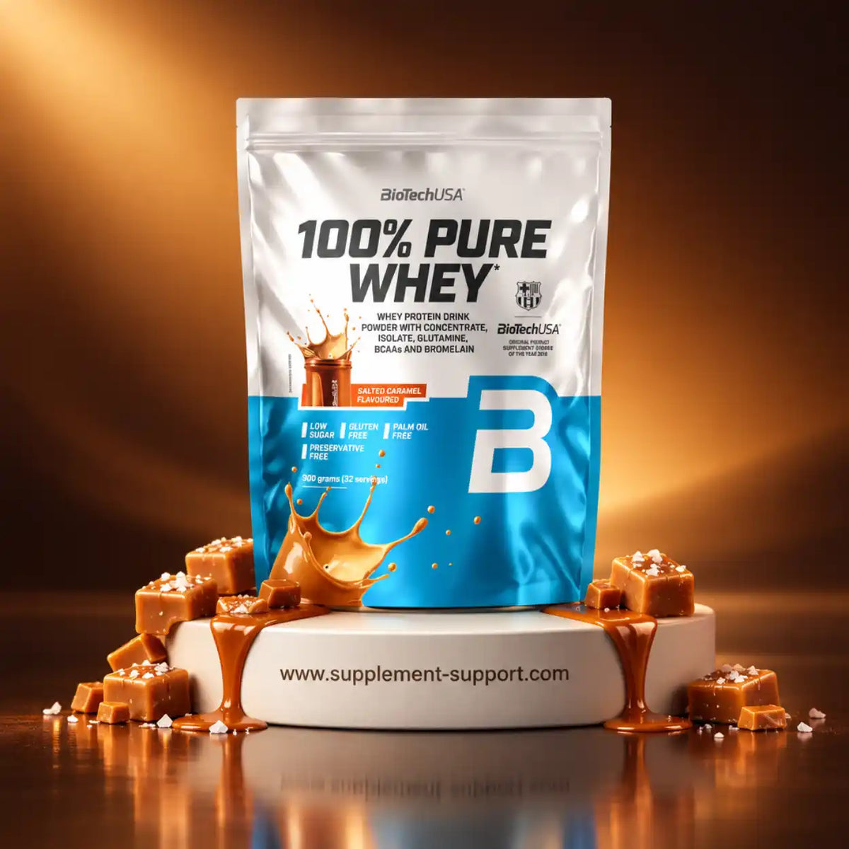 BioTech USA 100% Pure Whey Proteinpulver Geschmack Salted Caramel mit Karamellstücken