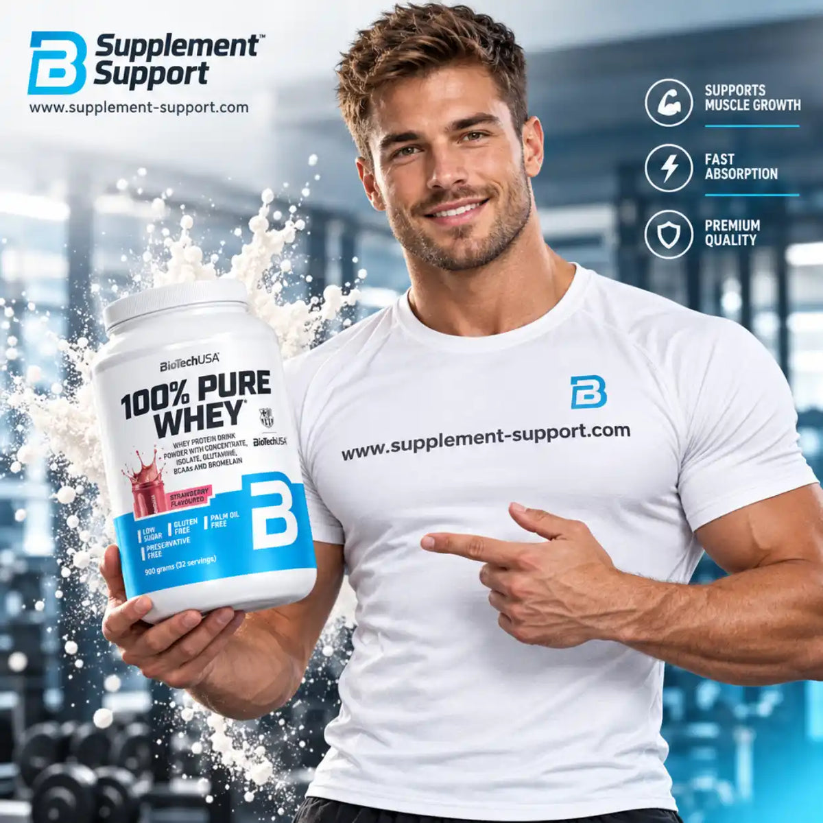 Muskulöser Mann hält eine Dose BioTech USA 100% Pure Whey Protein Pulver im Fitnessstudio.
