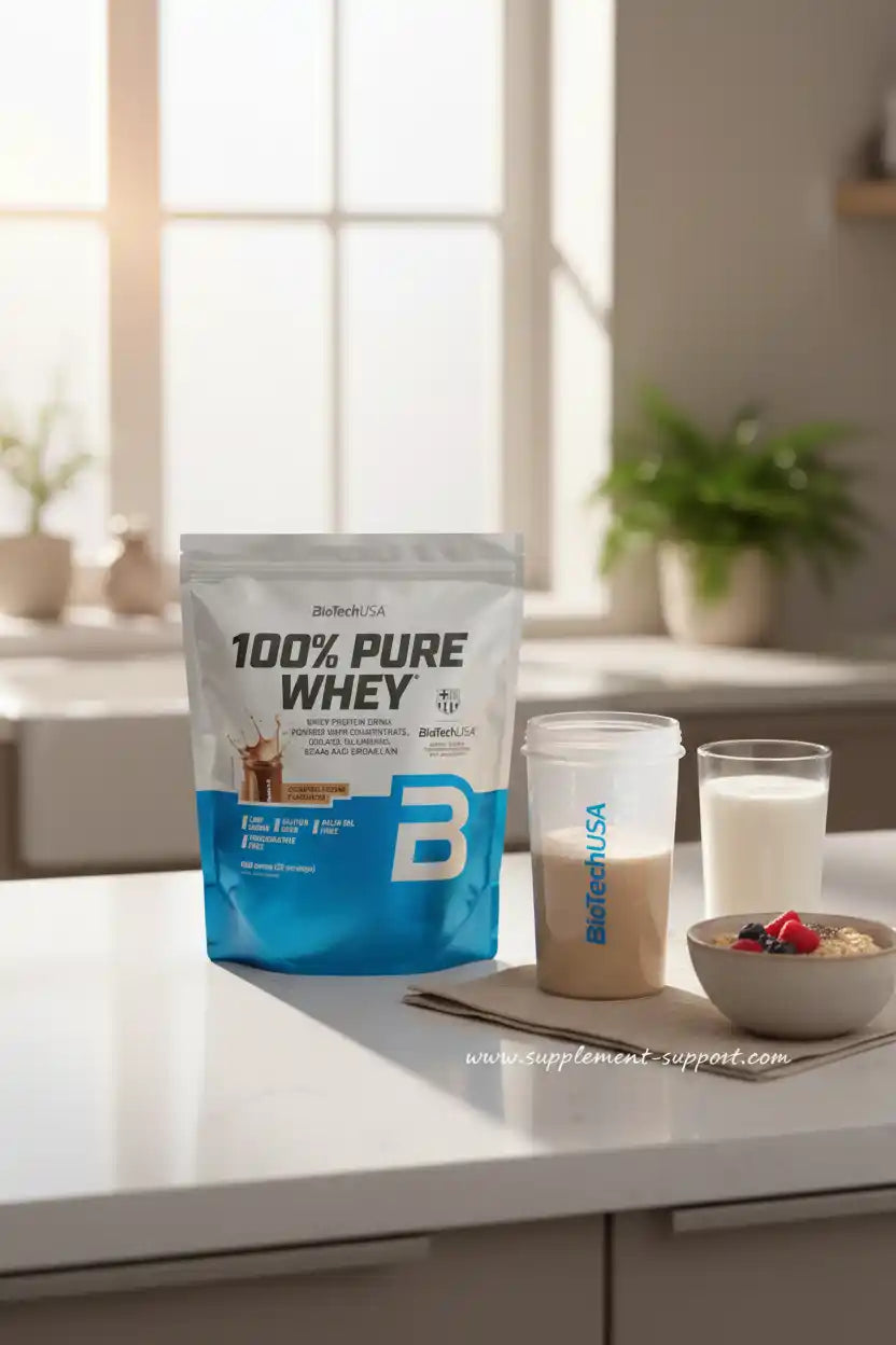 BiotechUSA 100% Pure Whey Protein Pulver mit Shaker und Müslischale auf Küchenarbeitsplatte