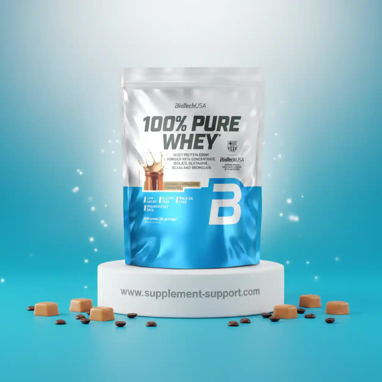 BioTechUSA 100% Pure Whey Protein mit Karamell- und Kaffeebohnen-Dekoration