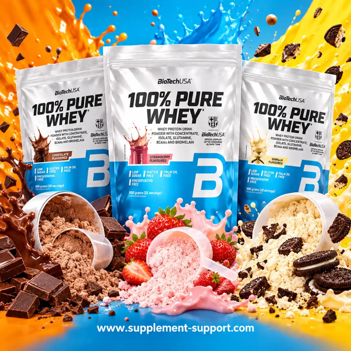 BioTech USA 100% Pure Whey Protein in den Geschmacksrichtungen Schokolade, Erdbeere und Vanille