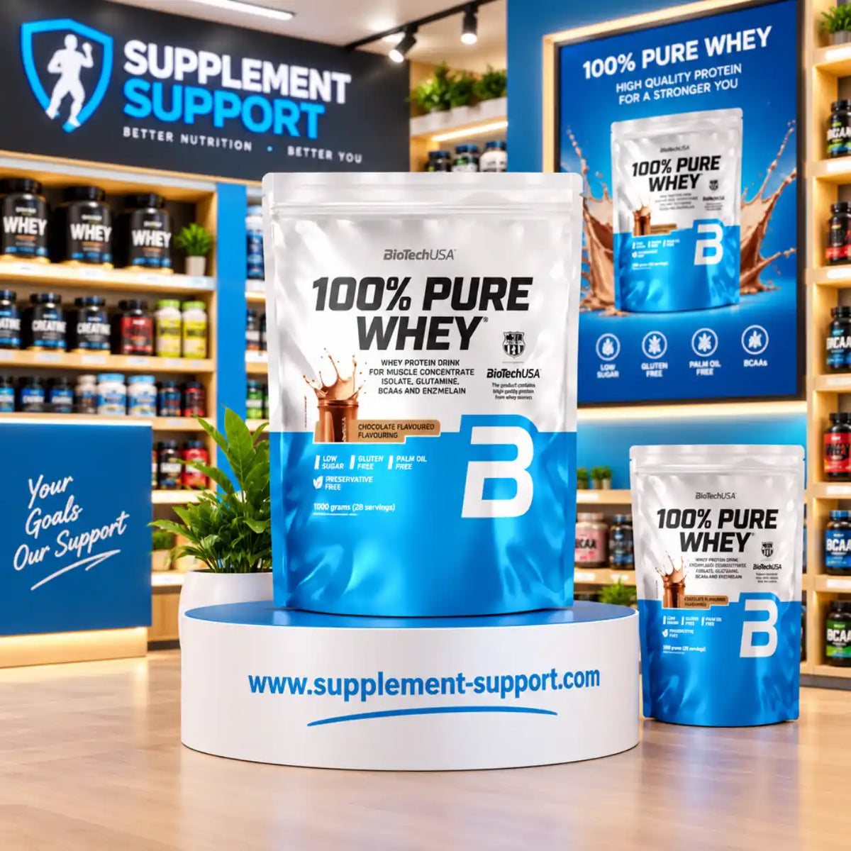 BioTech USA 100% Pure Whey Proteinpulver Beutel in Schoko-Geschmack vor blauem Hintergrund.