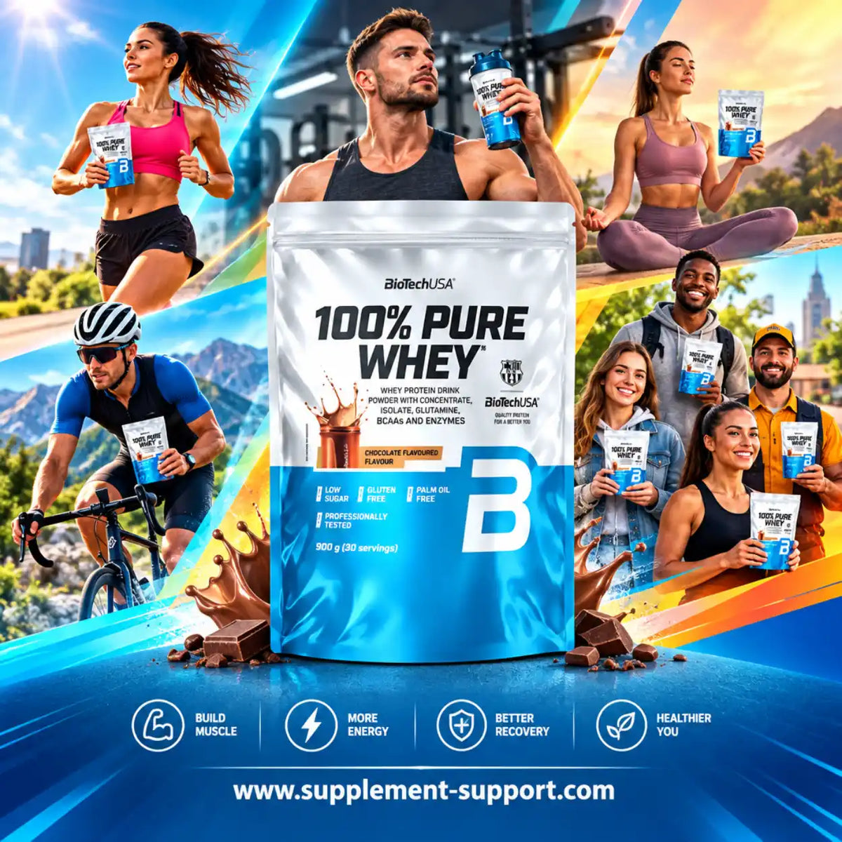 BioTech USA 100% Pure Whey Proteinpulver 900g Schoko-Geschmack mit Sportlern im Hintergrund.