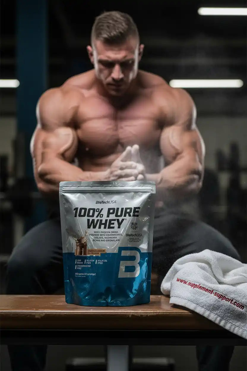 BioTechUSA 100% Pure Whey Protein in Gym mit muskulösem Athleten, ideal für Fitness & Sportnahrung