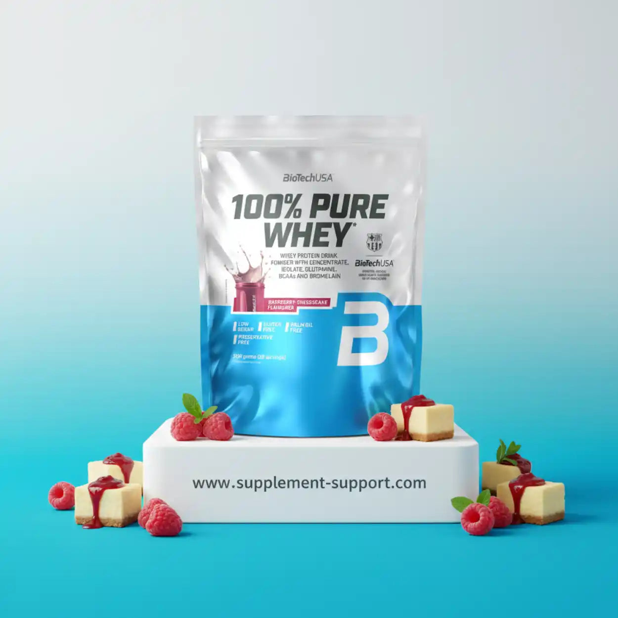 BioTechUSA 100% Pure Whey Protein mit Himbeer-Käsekuchen-Geschmack, ideal für Sportler und Fitness-Enthusiasten