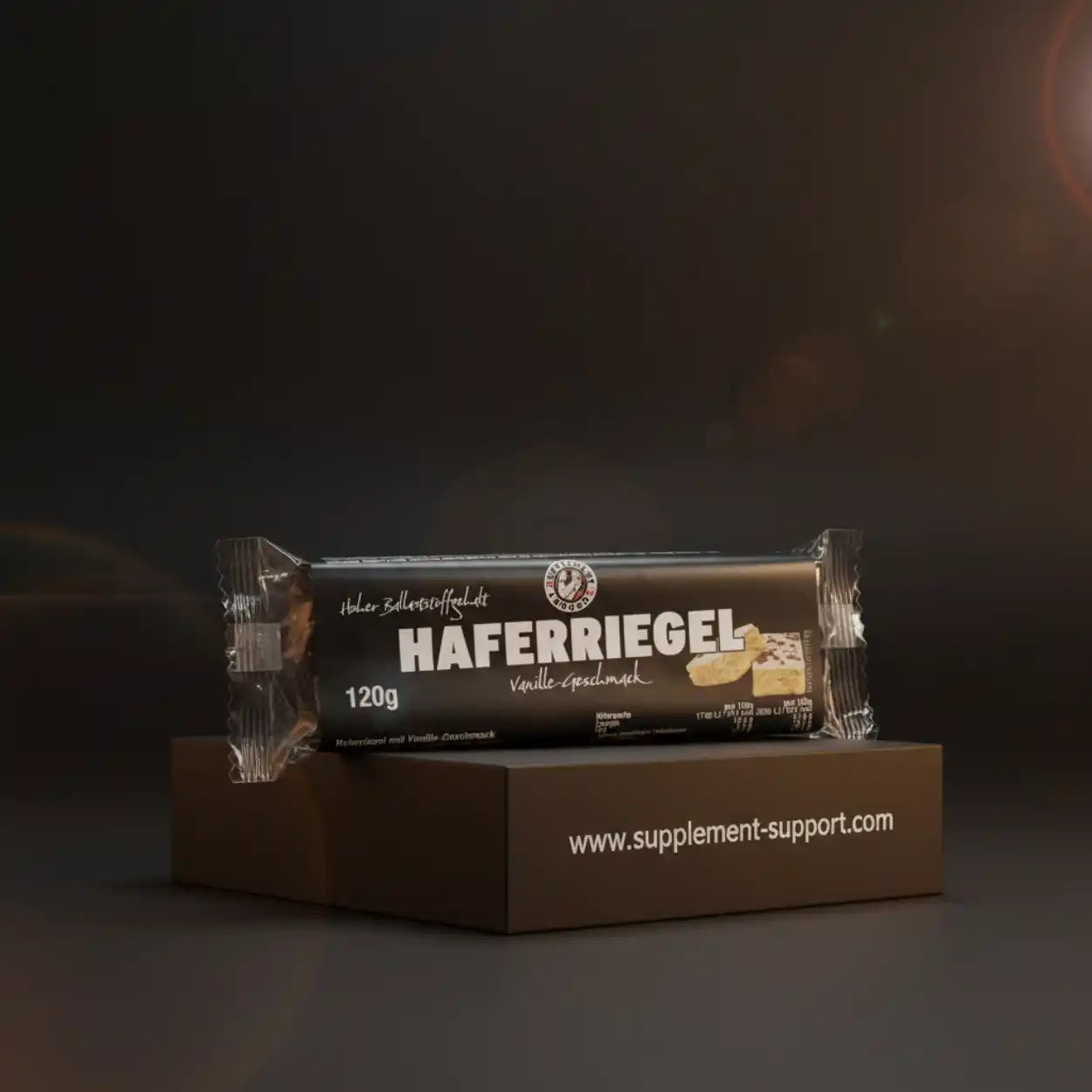 Haferflocken-Riegel Vanillegeschmack 120g Fitness Snack auf dunklem Hintergrund
