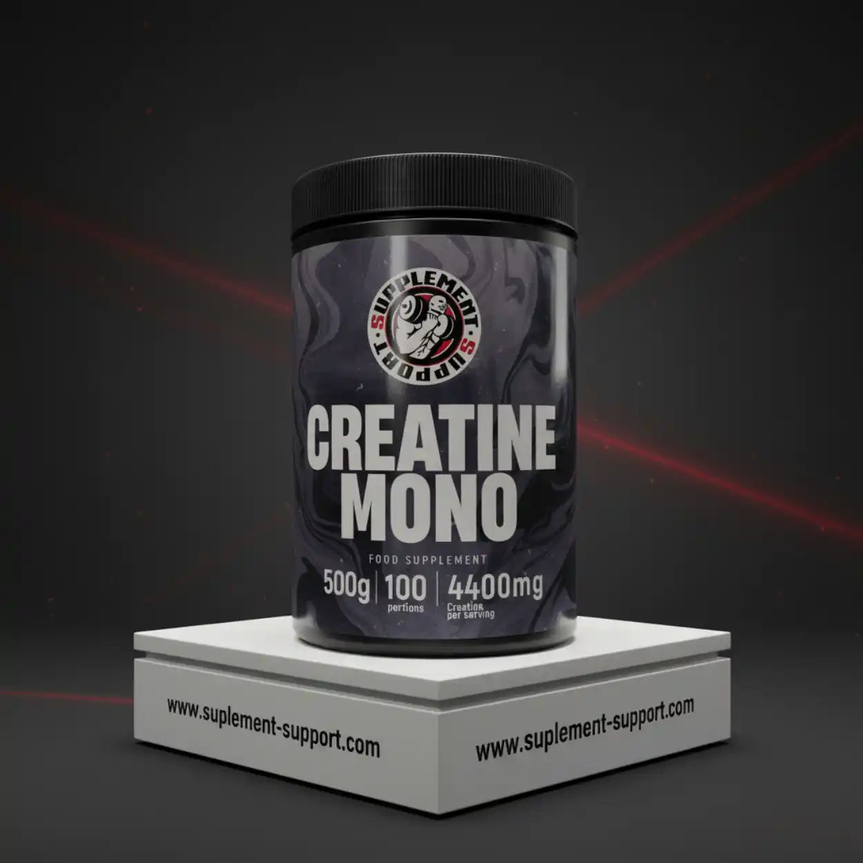 Kreatin Monohydrat Dose für Sportnahrung, 500g, schwarzes Design, auf Podest