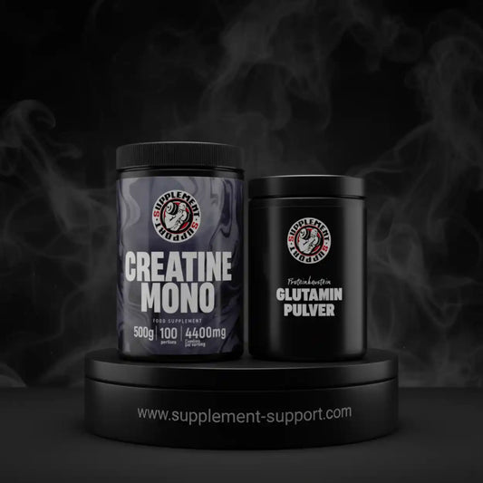 Kreatin Mono und Glutamin Pulver Nahrungsergänzung auf schwarzem Podest, Fitness Supplement