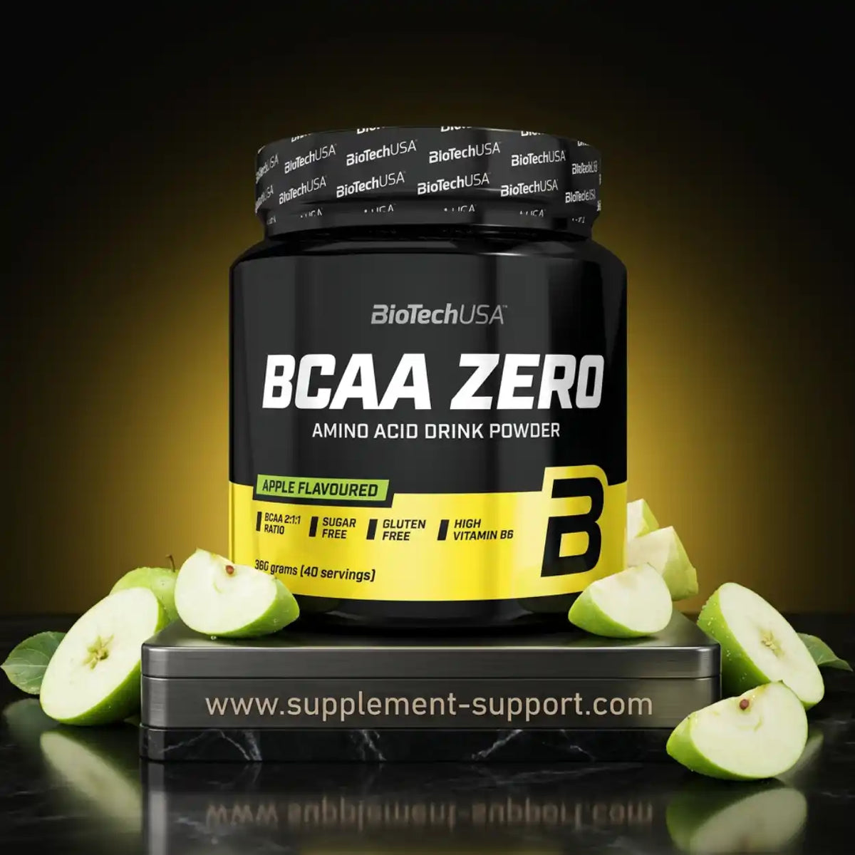 BioTech USA BCAA ZERO Aminosäure Pulver mit Apfelgeschmack, 360g Dose mit grünen Äpfeln.