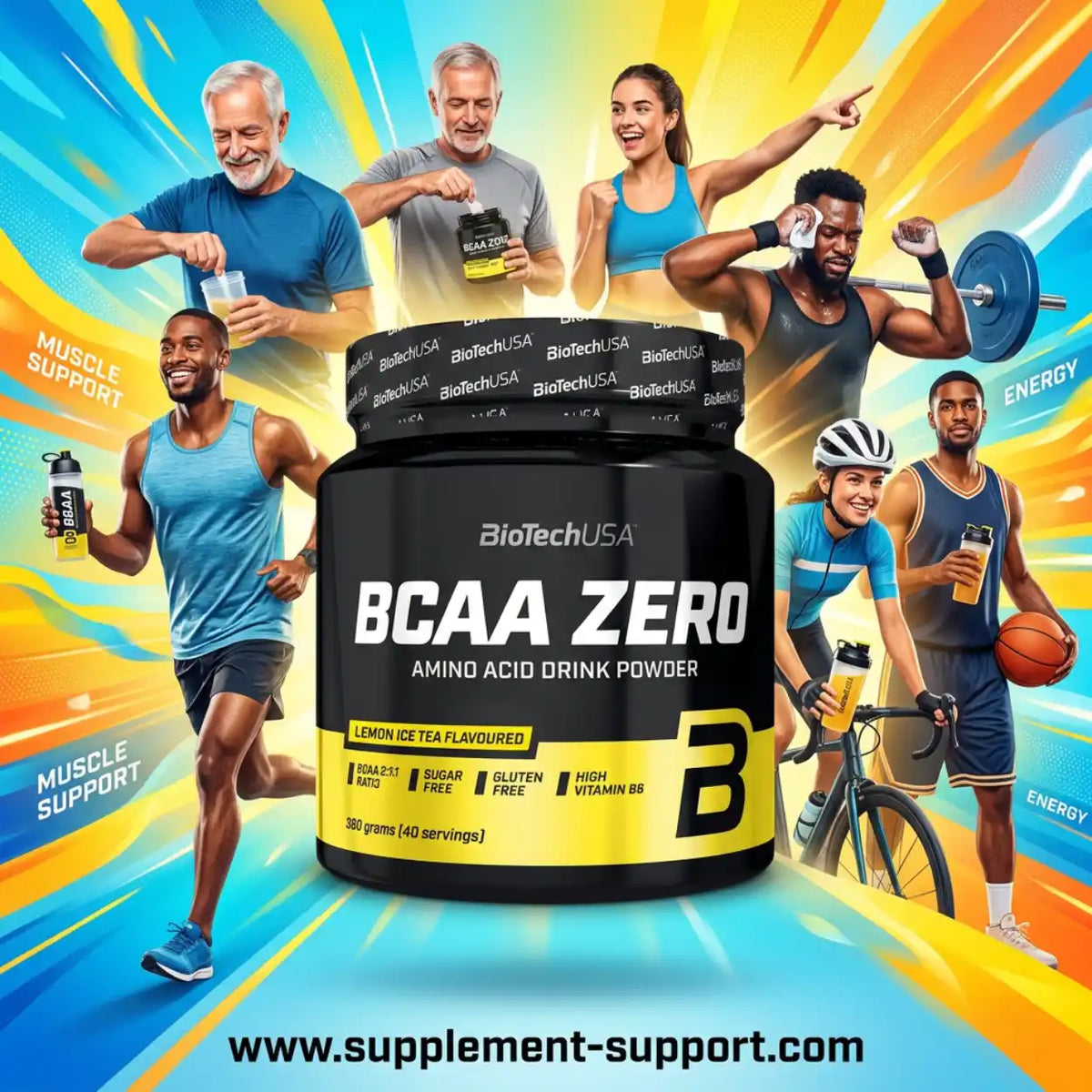 BioTech USA BCAA ZERO Aminosäure Pulver in Lemon Ice Tea Geschmack mit Sportlern im Hintergrund.