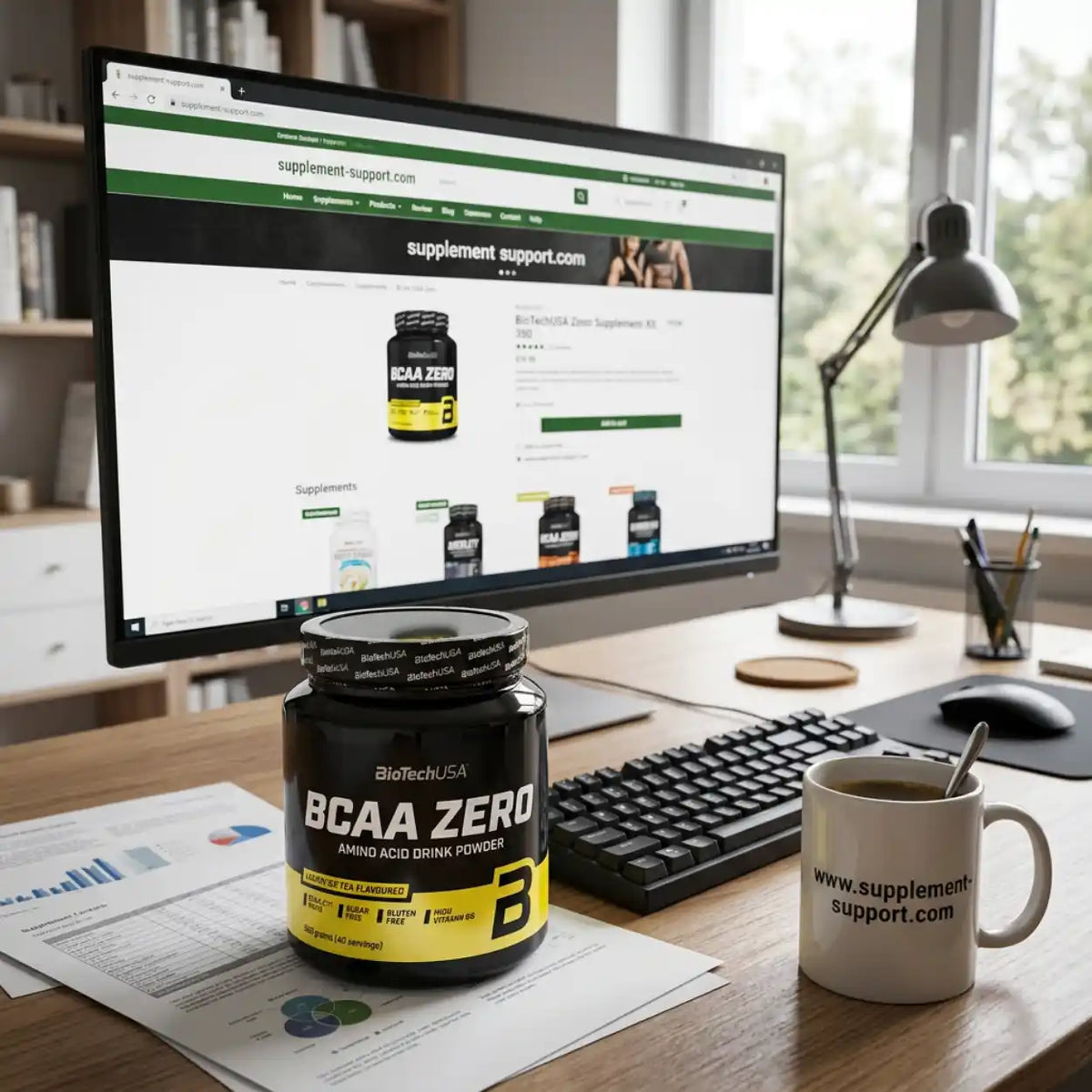BioTech USA BCAA ZERO Aminosäure Pulver auf einem Schreibtisch vor einem Computerbildschirm.
