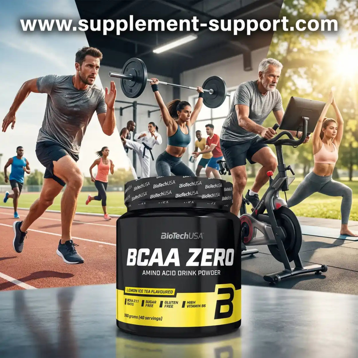 BioTech USA BCAA ZERO Aminosäure Pulver in Zitroneneistee-Geschmack vor Sportlern im Training.