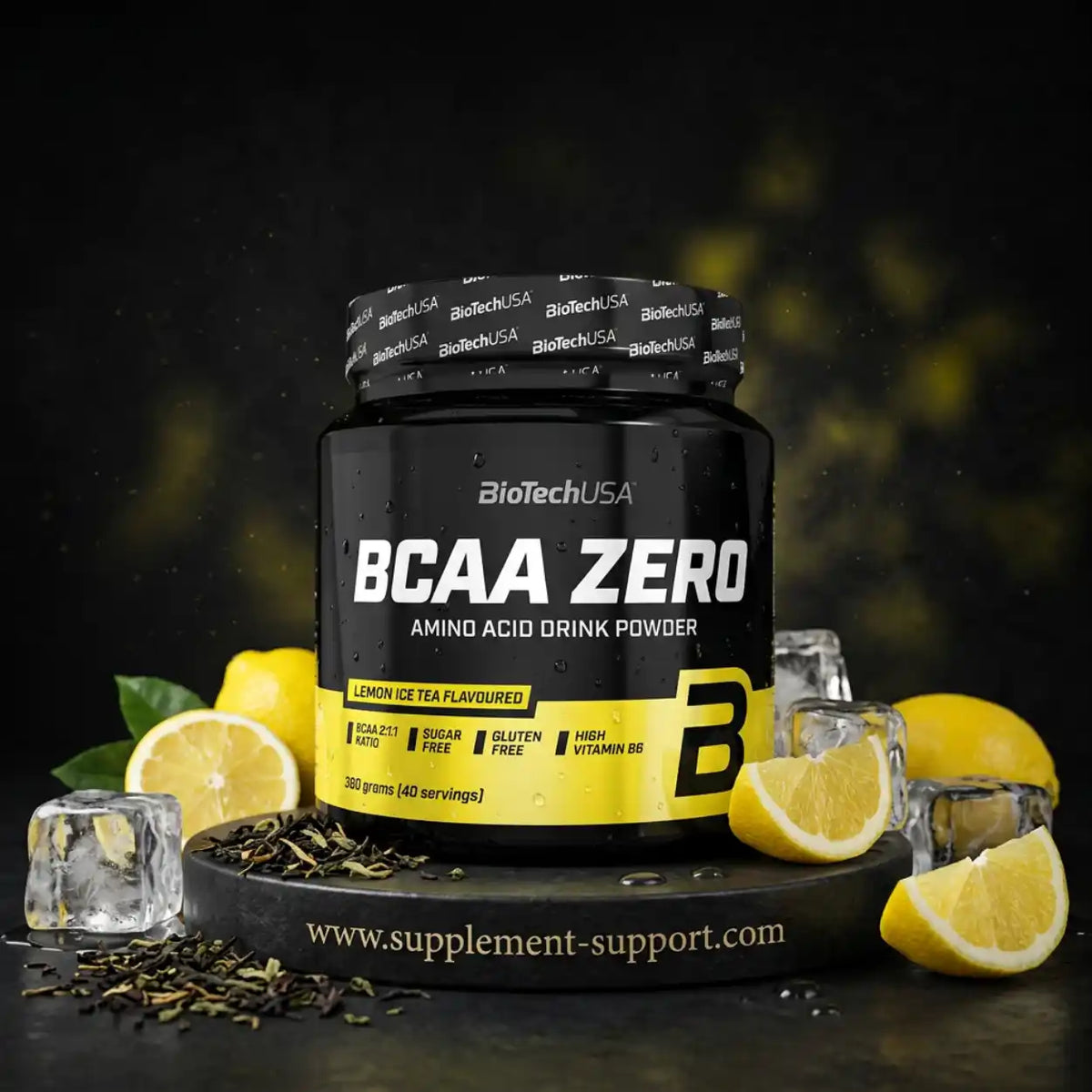 BioTech USA BCAA ZERO Aminosäure Pulver Geschmack Lemon Ice Tea mit Zitronen und Eiswürfeln