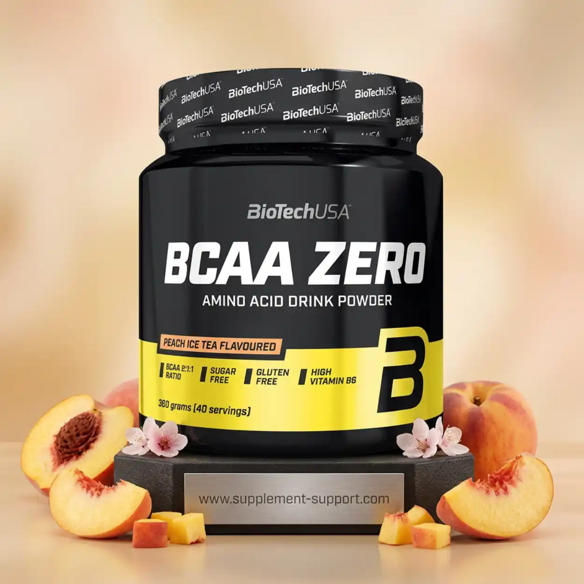 BioTech USA BCAA ZERO Aminosäure Pulver 360g im Pfirsich-Eistee-Geschmack mit Pfirsichfrüchten