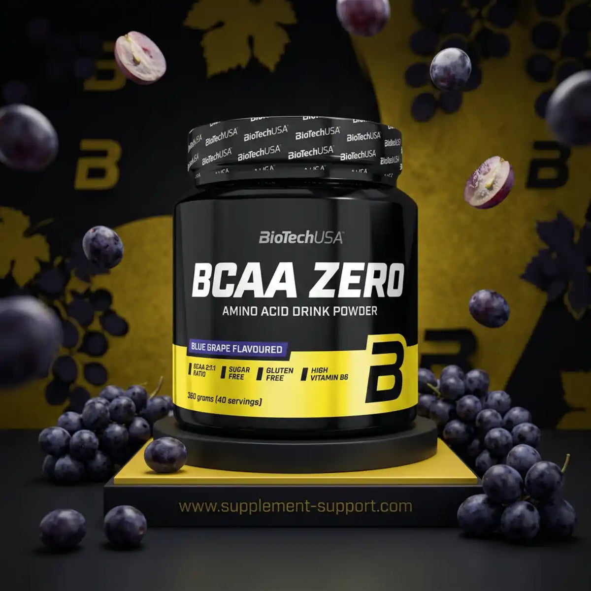 BioTech USA BCAA ZERO Aminosäure Pulver in Blauer Trauben-Geschmack, 360g Dose mit Weintrauben.