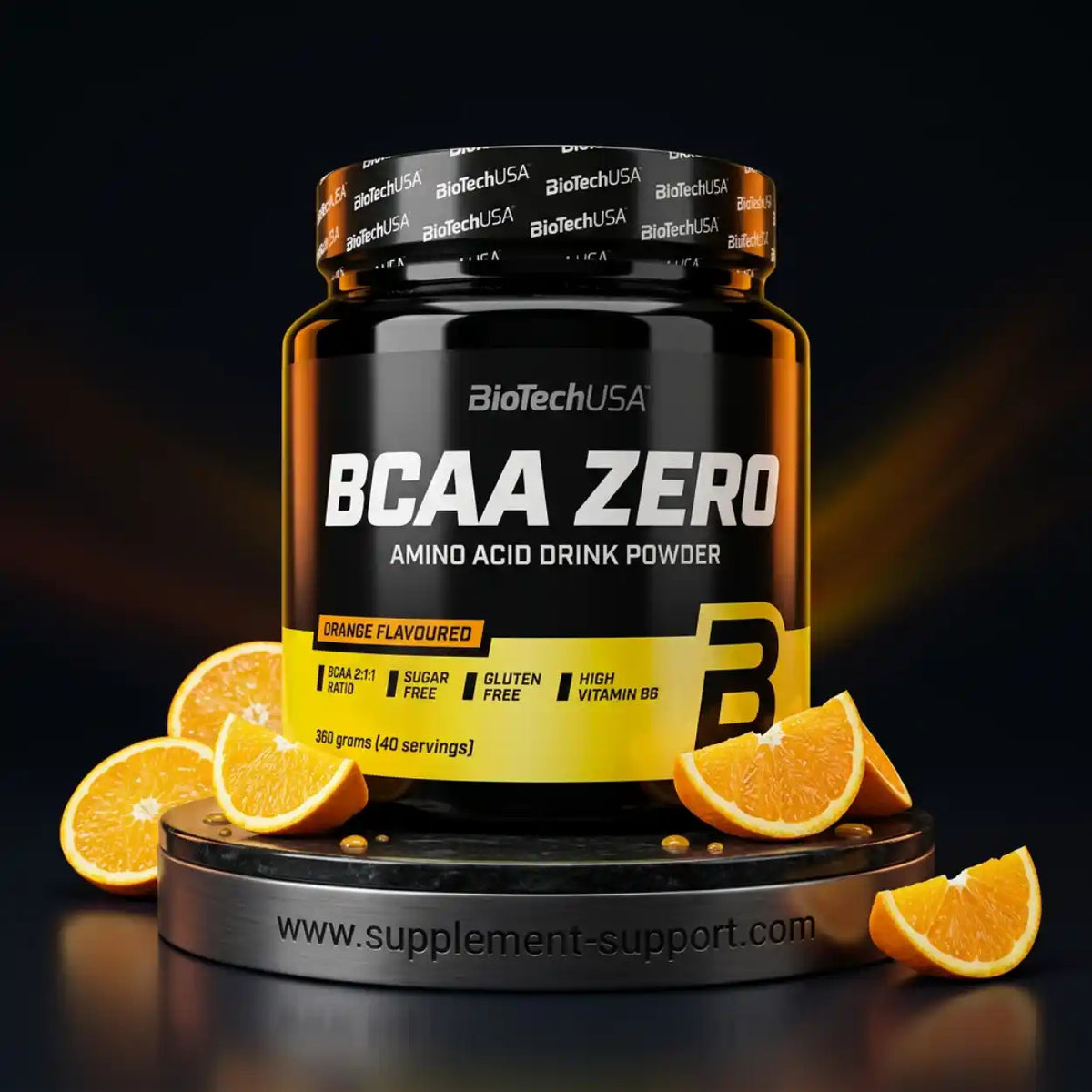 BioTech USA BCAA ZERO Aminosäure Pulver mit Orangengeschmack, 360g Dose mit Orangenstücken