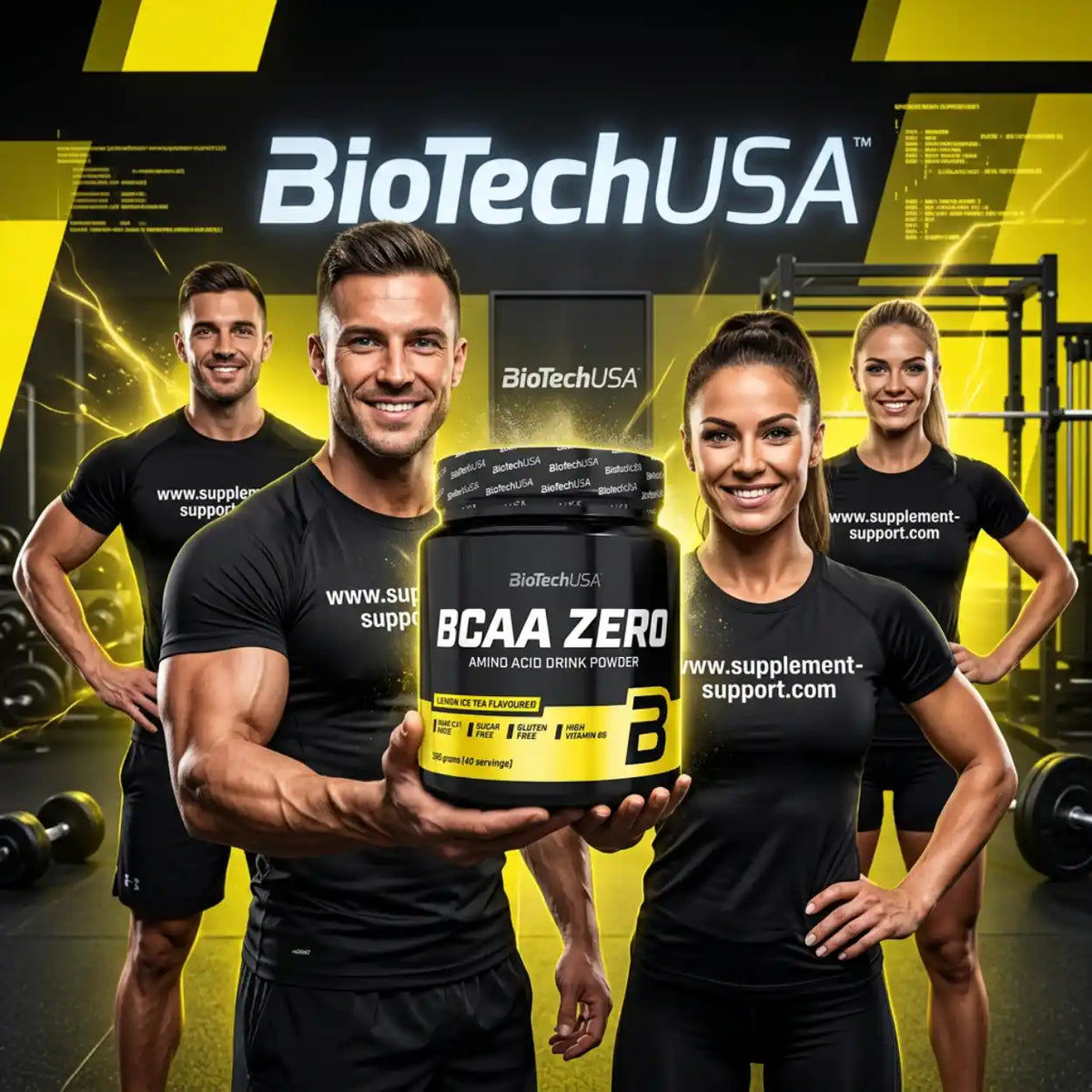 Drei sportliche Personen präsentieren BioTech USA BCAA ZERO Aminosäure Pulver im Fitnessstudio.