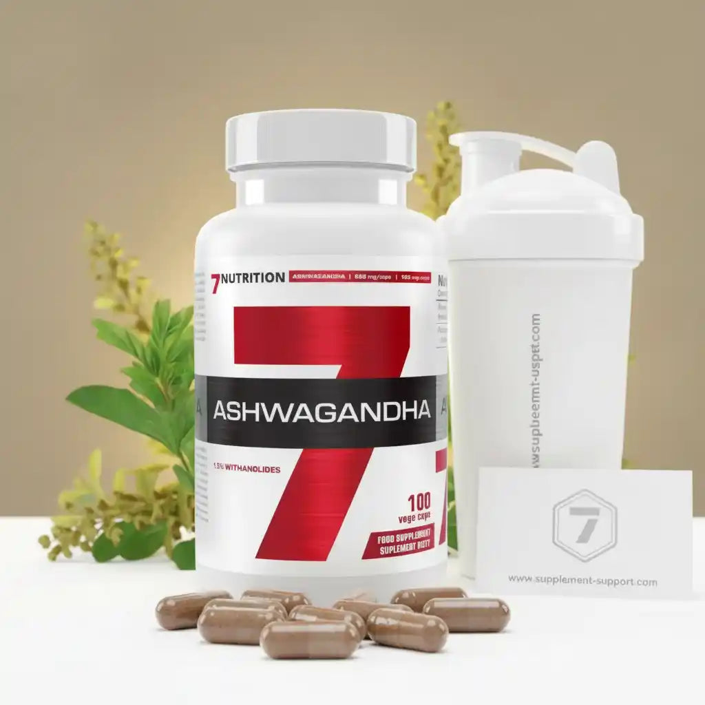 Ashwagandha Kapseln von 7 Nutrition mit Shaker und Pflanzen im Hintergrund