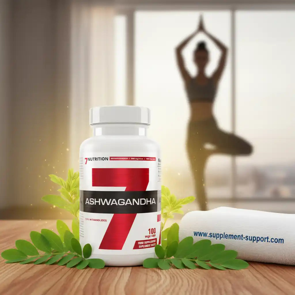Ashwagandha Kapseln für Fitness und Entspannung mit Yoga-Hintergrund