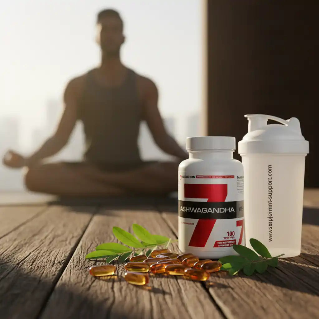 Ashwagandha Kapseln und Shaker für Sportler, ideal für Fitness und Entspannung