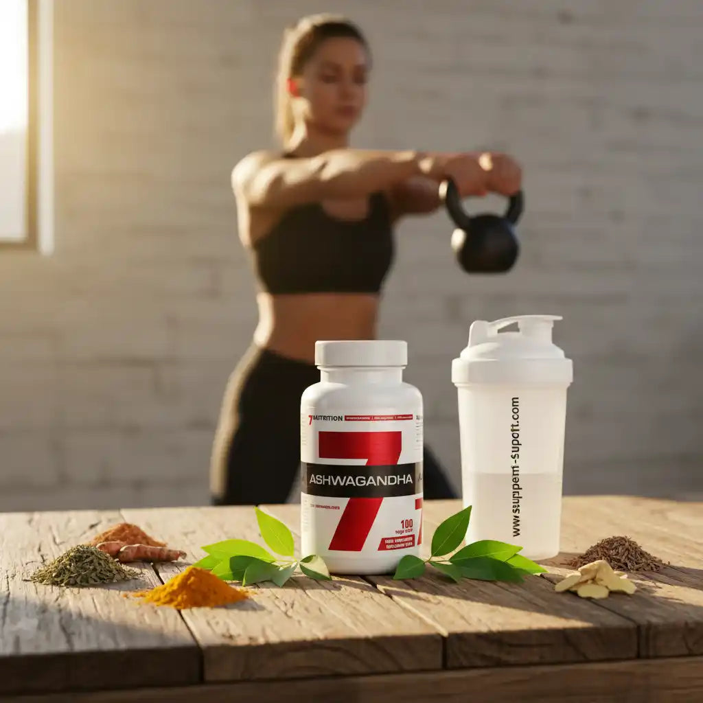 Ashwagandha Kapseln, Shaker und Kräuter auf Holztisch vor Sportlerin mit Kettlebell – Nahrungsergänzung für Fitness & Training