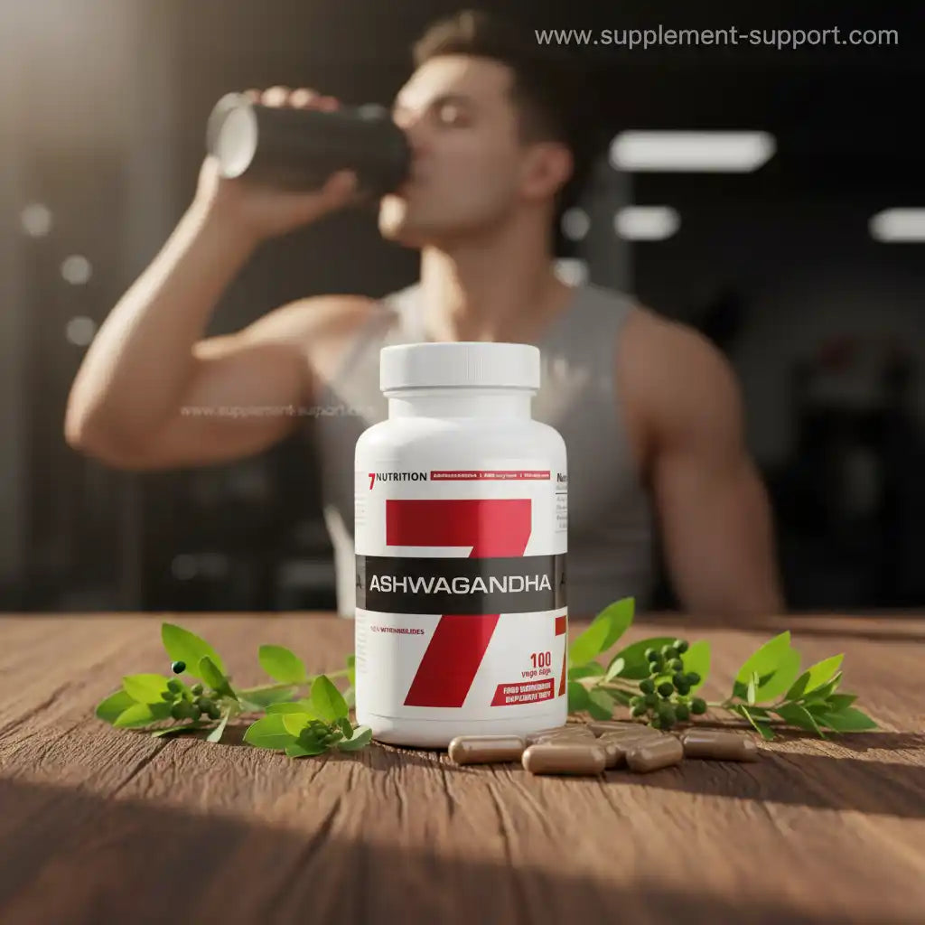Ashwagandha Kapseln von 7 Nutrition auf Holztisch mit frischen Blättern, im Hintergrund Sportler trinkt